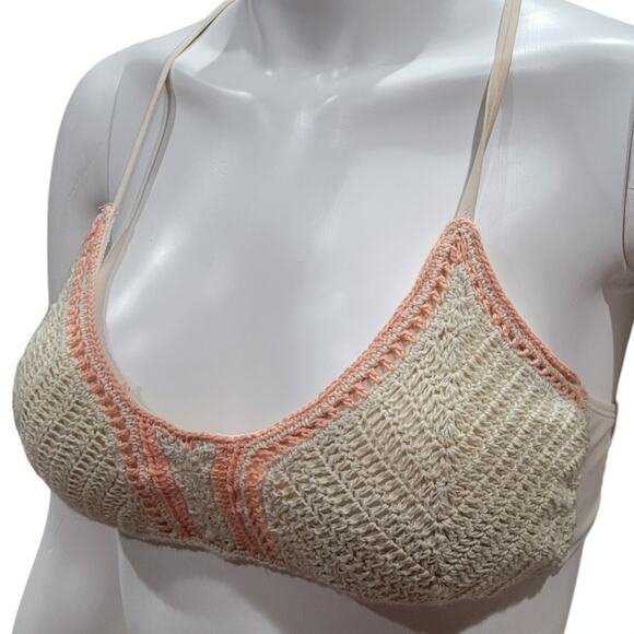 Xhilaration Crochet Bikini Top Medium Boho Embroidered Neutral Peach Trim - Picture 1 of 8